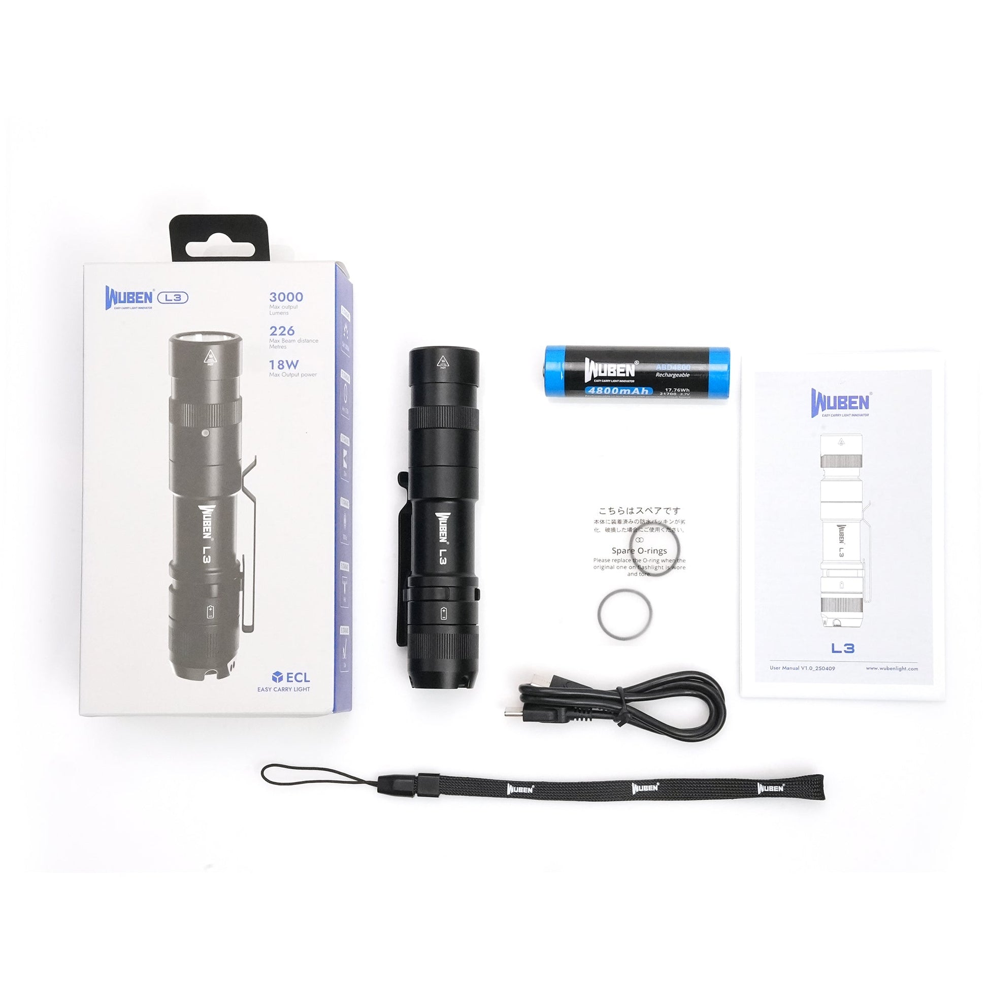 3000 lumen flashlight rechargeable Wuben L3 3000 Lumens EDC Tactical Pocket Flashlight, Black