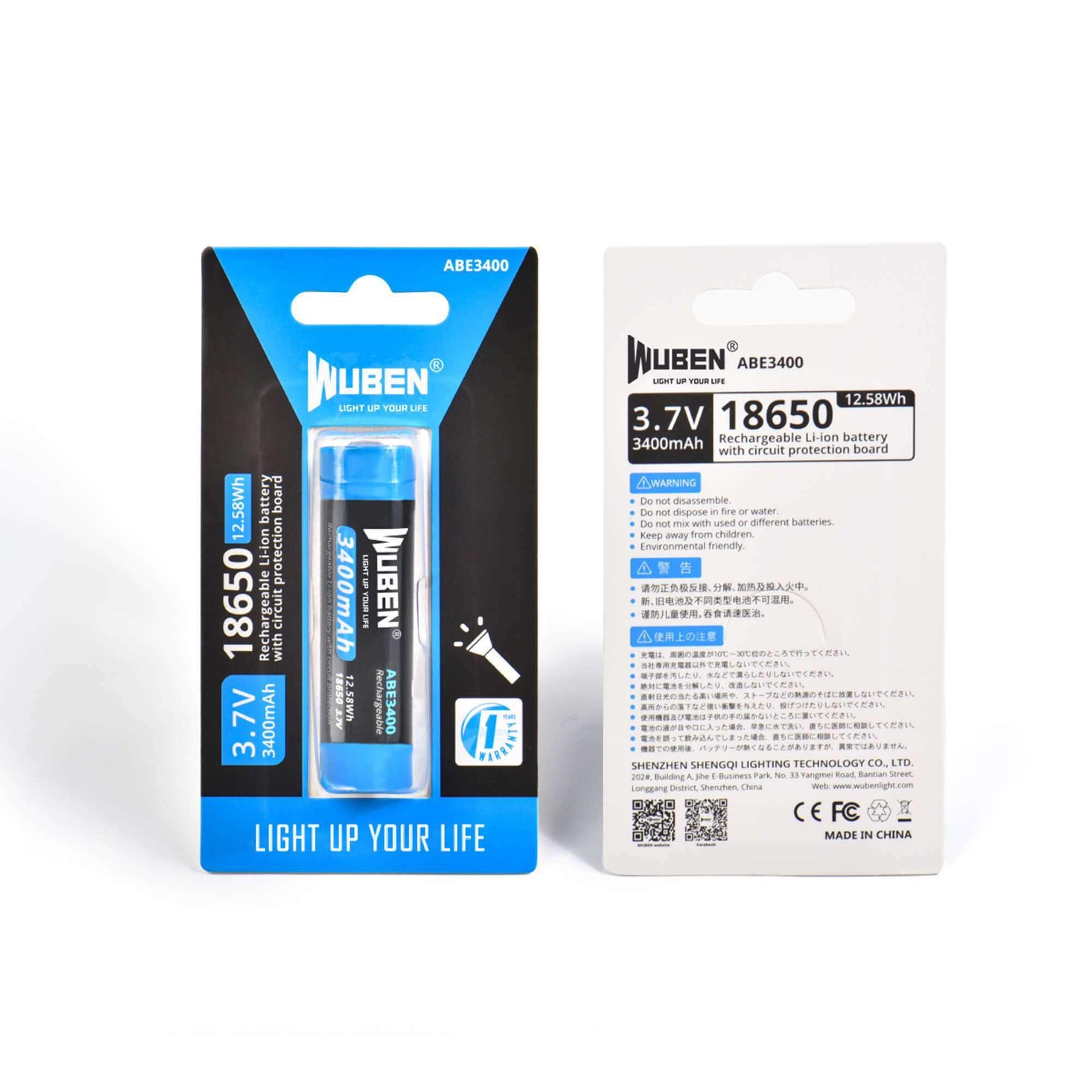 ABE3400 18650 3400mAh rechargeable Protected lithium battery - WUBEN